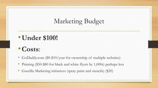 Marketing Budget
•Under $100!
•Costs:
• GoDaddy.com ($8-$10/year for ownership of multiple websites)
• Printing ($50-$80 for black and white flyers by 1,000s) perhaps less
• Guerilla Marketing initiatives (spray paint and stencils) ($20)
 