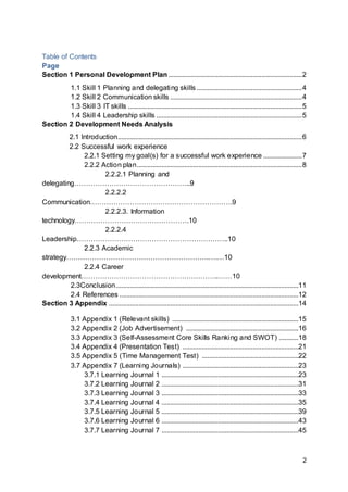 2
Table of Contents
Page
Section 1 Personal Development Plan ............................................................................2
1.1 Skill 1 Planning and delegating skills ............................................................4
1.2 Skill 2 Communication skills ...........................................................................4
1.3 Skill 3 IT skills ...................................................................................................5
1.4 Skill 4 Leadership skills ...................................................................................5
Section 2 Development Needs Analysis
2.1 Introduction.........................................................................................................6
2.2 Successful work experience
2.2.1 Setting my goal(s) for a successful work experience ......................7
2.2.2 Action plan..............................................................................................8
2.2.2.1 Planning and
delegating…………………………………………..9
2.2.2.2
Communication…………………………………………………….9
2.2.2.3. Information
technology………………………………………….10
2.2.2.4
Leadership………………………………………………………..10
2.2.3 Academic
strategy…………………………………………………….….…10
2.2.4 Career
development…………………………………………………..……10
2.3Conclusion........................................................................................................11
2.4 References ......................................................................................................12
Section 3 Appendix ............................................................................................................14
3.1 Appendix 1 (Relevant skills) ........................................................................15
3.2 Appendix 2 (Job Advertisement) ................................................................16
3.3 Appendix 3 (Self-Assessment Core Skills Ranking and SWOT) ...........18
3.4 Appendix 4 (Presentation Test) ..................................................................21
3.5 Appendix 5 (Time Management Test) .......................................................22
3.7 Appendix 7 (Learning Journals) ..................................................................23
3.7.1 Learning Journal 1 ..............................................................................23
3.7.2 Learning Journal 2 ..............................................................................31
3.7.3 Learning Journal 3 ..............................................................................33
3.7.4 Learning Journal 4 ..............................................................................35
3.7.5 Learning Journal 5 ..............................................................................39
3.7.6 Learning Journal 6 ..............................................................................43
3.7.7 Learning Journal 7 ..............................................................................45
 