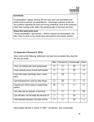 25
Comments
At presentation I always sticking with the topic and I use animations and
power point to present my presentations. I encourage audience to ask me
any question regarding the topic and during presenting I look at the audience
rather than looking at the slides. My speaking style is nice loud and clear.
Areas that need some work
During presentation I get nervous. I need to improve my nervousness and
also I have to work on my overall pace and question and answer session.
3.5 Appendix 5 (Pearson E. 2010)
Have a look at the following statements and rate how accurately they describe
the way you study.
Often Sometimes Occasionally Never
I find I am behind with work assignments.
I have several pieces of work half finished.
I can’t find notes and things when I need
them.
I get distracted from work by other things.
I spend a lot of time trying to make things
perfect.
I am often late for lectures or seminars.
I put off tasks I do not really like the look of.
I feel stressed because I am short of time.
Most people will have a mixture of ‘often’, ‘sometimes’, and ‘occasionally’
 