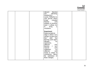 30
relevant theories
and attending
development
course. Reflection is
core ground which
brings mutually
theories and
analysis of previous
deed. It allows me
to bring a
conclusion.
Experiment:
Experimentations
stage is where I can
change my plan and
then start the
learning cycle again
followed by
experience,
reflection and
theories. I can
improve and
implement by
reflection and
review to shape of
conclusions about
the usefulness of
those changes.
 