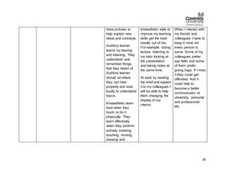 39
draw pictures to
help explain new
ideas and concepts.
Auditory learner
learns by hearing
and listening. They
understand and
remember things
that they heard of.
Auditory learner
should sit where
they can hear
properly and read
loudly to understand
topics.
Kinaesthetic learn
best when they
touch or do it
physically. They
learn effectively
when they perform
actively involving
touching, moving,
drawing and
kinaesthetic style to
improve my learning
skills get the best
results out of me.
For example: during
lecture, listening to
my tutor looking at
the presentation
and taking notes at
the same time.
At work by reading
the brief and explain
it to my colleagues I
will be able to help
them changing the
display of our
interior.
When I interact with
my friends and
colleagues I have to
keep it mind not
every person is
same. Some of my
colleagues prefer
say hello and some
of them prefer
giving hugs. If I miss
it they could get
offended. And it
could help to
become a better
communicator at
university, personal
and professional
life.
 