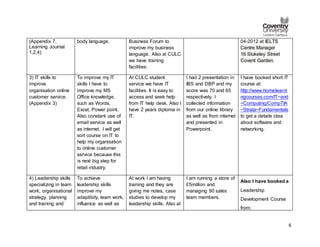 6
(Appendix 7,
Learning Journal
1,2,4)
body language. Business Forum to
improve my business
language. Also at CULC
we have training
facilities.
04-2012 at IELTS
Centre Manager
16 Stukeley Street
Covent Garden.
3) IT skills to
improve
organisation online
customer service.
(Appendix 3)
To improve my IT
skills I have to
improve my MS
Office knowledge,
such as Words,
Excel, Power point.
Also constant use of
email service as well
as internet. I will get
sort course on IT to
help my organisation
to online customer
service because this
is next big step for
retail industry.
At CULC student
service we have IT
facilities. It is easy to
access and seek help
from IT help desk. Also I
have 2 years diploma in
IT.
I had 2 presentation in
IBS and DBP and my
score was 70 and 65
respectively. I
collected information
from our online library
as well as from internet
and presented in
Powerpoint.
I have booked short IT
course at:
http://www.homelearni
ngcourses.com/IT~and
~Computing/CompTIA
~Strata~Fundamentals
to get a details idea
about software and
networking.
4) Leadership skills
specializing in team
work, organisational
strategy, planning
and training and
To achieve
leadership skills
improve my
adaptibity, team work,
influence as well as
At work I am having
training and they are
giving me notes, case
studies to develop my
leadership skills. Also at
I am running a store of
£5million and
managing 90 sales
team members.
Also I have booked a
Leadership
Development Course
from:
 