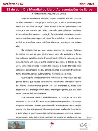 86
DeClara nº 42 abril 2021
Continua…
23 de abril Dia Mundial do Livro: Apresentações de livros
 
