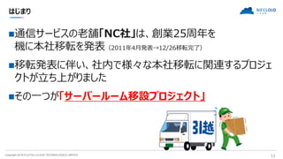 Copyright 2018 FUJITSU CLOUD TECHNOLOGIES LIMITED 12
はじまり
通信サービスの老舗「NC社」は、創業25周年を
機に本社移転を発表（2011年4月発表→12/26移転完了）
移転発表に伴い、社内で様々な本社移転に関連するプロジェ
クトが立ち上がりました
その一つが「サーバールーム移設プロジェクト」
 