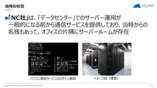 Copyright 2018 FUJITSU CLOUD TECHNOLOGIES LIMITED 13
当時の状況
「NC社」は、「データセンター」でのサーバー運用が
一般的になる前から通信サービスを提供しており、当時からの
名残もあって、オフィスの片隅にサーバールームが存在
イメージ図（理想）パソコン通信サービスのログイン画面
 