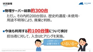 Copyright 2018 FUJITSU CLOUD TECHNOLOGIES LIMITED 18
状況整理
物理サーバー総数約300台
ただし、その内約200台弱は、歴史的遺産・未使用・
用途不明等により、廃棄と判断。
今後も利用する約100台強について検討
担当者に対して、入念はヒアリングを実施。
このサーバー
必要ですか？ いるいるー
 