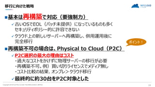 Copyright 2018 FUJITSU CLOUD TECHNOLOGIES LIMITED 19
移行に向けた戦略
基本は再構築で対応（要強制力）
✓古いOSでEOL（パッチ未提供）になっているものも多く
セキュリティポリシー的に許容できない
✓クラウド上の新しいサーバーへ再構築し、併用運用後に
完全移行
再構築不可の場合は、Physical to Cloud（P2C）
✓P2C選択の最大の理由はコスト
・過大なコストをかけずに物理サーバーの移行が必要
・再構築不可。例）買い切りライセンスでメディア無し
・コスト比較の結果、オンプレ＞クラウド移行
✓最終的に約30台をP2C対象とした
ポイント！
 