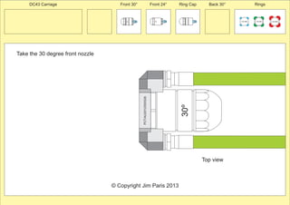 Take the 30 degree front nozzle 
Front 30° Front 24° Ring Cap Back 30° Rings 
30º 
PCT/AU2012/000326 
100 MM 150 MM 225 MM 
24º 
30º 
© Copyright Jim Paris 2013 
DC43 Carriage 
Top view 
 
