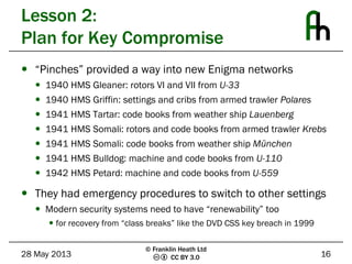 CC BY 3.0
Lesson 2:
Plan for Key Compromise
 “Pinches” provided a way into new Enigma networks
 1940 HMS Gleaner: rotors VI and VII from U-33
 1940 HMS Griffin: settings and cribs from armed trawler Polares
 1941 HMS Tartar: code books from weather ship Lauenberg
 1941 HMS Somali: rotors and code books from armed trawler Krebs
 1941 HMS Somali: code books from weather ship München
 1941 HMS Bulldog: machine and code books from U-110
 1942 HMS Petard: machine and code books from U-559
 They had emergency procedures to switch to other settings
 Modern security systems need to have “renewability” too
 for recovery from “class breaks” like the DVD CSS key breach in 1999
28 May 2013 16
© Franklin Heath Ltd
 