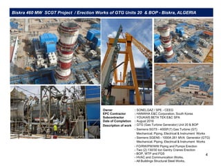 Biskra 460 MW SCGT Project / Erection Works of GTG Units 20 & BOP - Biskra, ALGERIA
Owner : SONELGAZ / SPE - CEEG
EPC Contractor : HANWHA E&C Corporation, South Korea
Subcontractor : YOUKAIS BETA TEK E&C SPA
Date of Completion : August 2016
Description of work : GTG (Gas Turbine Generator) Unit 20 & BOP
- Siemens SGT5 - 4000F(7) Gas Turbine (GT)
Mechanical, Piping, Electrical & Instrument Works
- FO/RW/PW/WW Piping and Pumps Erection
- Two (2) 130/30 ton Gantry Cranes Erection
- BOP, WTP and FGS
- HVAC and Communication Works,
- All Buildings Structural Steel Works,
4
- Siemens SGEN5 - 1000A 261 MVA Generator (GTG)
Mechanical, Piping, Electrical & Instrument Works
 