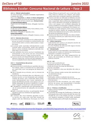 15
DeClara nº 50 janeiro 2022
Biblioteca Escolar: Concurso Nacional de Leitura – Fase 2
http://bibliotecaescolarclararesende.blogspot.com/2022/01/regulamento-do-cnl-fase-municipal.html
 