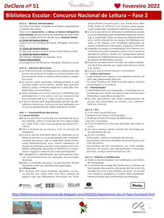 55
Biblioteca Escolar: Concurso Nacional de Leitura – Fase 2
http://bibliotecaescolarclararesende.blogspot.com/2022/01/regulamento-do-cnl-fase-municipal.html
DeClara nº 51 Fevereiro 2022
 