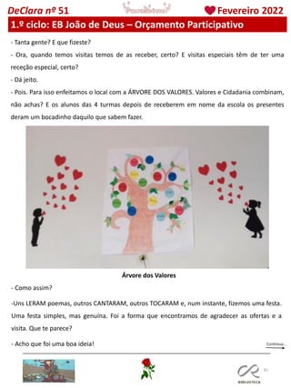 81
DeClara nº 51 Fevereiro 2022
1.º ciclo: EB João de Deus – Orçamento Participativo
- Tanta gente? E que fizeste?
- Ora, quando temos visitas temos de as receber, certo? E visitas especiais têm de ter uma
receção especial, certo?
- Dá jeito.
- Pois. Para isso enfeitamos o local com a ÁRVORE DOS VALORES. Valores e Cidadania combinam,
não achas? E os alunos das 4 turmas depois de receberem em nome da escola os presentes
deram um bocadinho daquilo que sabem fazer.
Árvore dos Valores
- Como assim?
-Uns LERAM poemas, outros CANTARAM, outros TOCARAM e, num instante, fizemos uma festa.
Uma festa simples, mas genuína. Foi a forma que encontramos de agradecer as ofertas e a
visita. Que te parece?
- Acho que foi uma boa ideia!
 