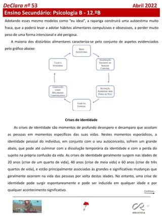 67
DeClara nº 53 Abril 2022
Ensino Secundário: Psicologia B - 12.ºB
Adotando esses mesmo modelos como “eu ideal”, a rapariga construirá uma autoestima muito
fraca, que a poderá levar a adotar hábitos alimentares compulsivos e obsessivos, a perder muito
peso de uma forma intencional e até perigosa.
A maioria dos distúrbios alimentares caracteriza-se pelo conjunto de aspetos evidenciados
pelo gráfico abaixo:
Crises de identidade
As crises de identidade são momentos de profundo desespero e desamparo que assolam
as pessoas em momentos específicos das suas vidas. Nestes momentos esporádicos, a
identidade pessoal do indivíduo, em conjunto com o seu autoconceito, sofrem um grande
abalo, que pode até culminar com a dissolução temporária da identidade e com a perda do
sujeito na própria confusão da vida. As crises de identidade geralmente surgem nas idades de
20 anos (crise de um quarto de vida), 40 anos (crise de meia vida) e 60 anos (crise de três
quartos de vida), e estão principalmente associadas às grandes e significativas mudanças que
geralmente ocorrem na vida das pessoas por volta destas idades. No entanto, uma crise de
identidade pode surgir espontaneamente e pode ser induzida em qualquer idade e por
qualquer acontecimento significativo.
 