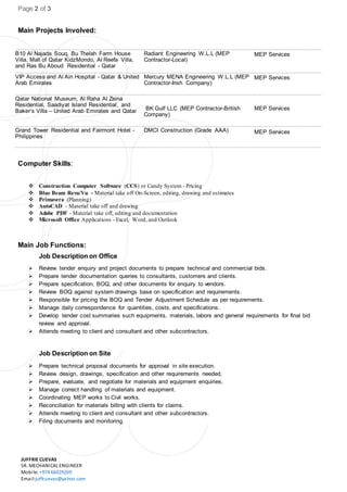 Page 2 of 3
JUFFRIE CUEVAS
SR. MECHANICAL ENGINEER
Mobile: +974 66029269
Email:juffcuevas@yahoo.com
Main Projects Involved:
B10 Al Najada Souq, Bu Thelah Farm House
Villa, Mall of Qatar KidzMondo, Al Reefa Villa,
and Ras Bu Aboud Residential - Qatar
Radiant Engineering W.L.L (MEP
Contractor-Local)
MEP Services
VIP Access and Al Ain Hospital - Qatar & United
Arab Emirates
Mercury MENA Engineering W.L.L (MEP
Contractor-Irish Company)
MEP Services
Qatar National Museum, Al Raha Al Zeina
Residential, Saadiyat Island Residential, and
Baker’s Villa – United Arab Emirates and Qatar BK Gulf LLC (MEP Contractor-British
Company)
MEP Services
Grand Tower Residential and Fairmont Hotel -
Philippines
DMCI Construction (Grade AAA) MEP Services
Computer Skills:
 Construction Computer Software (CCS) or Candy System - Pricing
 Blue Beam Revu/Vu - Material take off On-Screen, editing, drawing and estimates
 Primavera (Planning)
 AutoCAD - Material take off and drawing
 Adobe PDF - Material take off, editing and documentation
 Microsoft Office Applications - Excel, Word, and Outlook
Main Job Functions:
Job Description on Office
 Review tender enquiry and project documents to prepare technical and commercial bids.
 Prepare tender documentation queries to consultants, customers and clients.
 Prepare specification, BOQ, and other documents for enquiry to vendors.
 Review BOQ against system drawings base on specification and requirements.
 Responsible for pricing the BOQ and Tender Adjustment Schedule as per requirements.
 Manage daily correspondence for quantities, costs, and specifications.
 Develop tender cost summaries such equipments, materials, labors and general requirements for final bid
review and approval.
 Attends meeting to client and consultant and other subcontractors.
Job Description on Site
 Prepare technical proposal documents for approval in site execution.
 Review design, drawings, specification and other requirements needed.
 Prepare, evaluate, and negotiate for materials and equipment enquiries.
 Manage correct handling of materials and equipment.
 Coordinating MEP works to Civil works.
 Reconciliation for materials billing with clients for claims.
 Attends meeting to client and consultant and other subcontractors.
 Filing documents and monitoring.
 