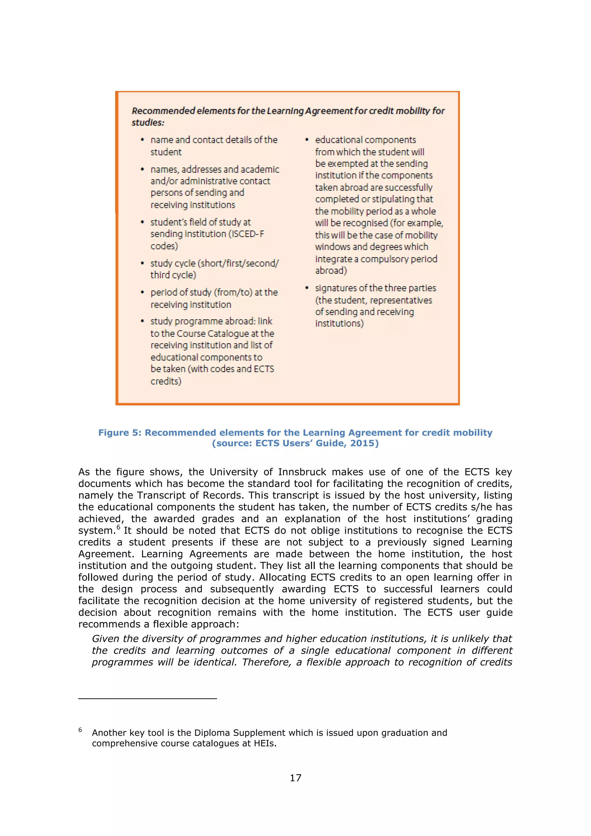 17
Figure 5: Recommended elements for the Learning Agreement for credit mobility
(source: ECTS Users’ Guide, 2015)
As the figure shows, the University of Innsbruck makes use of one of the ECTS key
documents which has become the standard tool for facilitating the recognition of credits,
namely the Transcript of Records. This transcript is issued by the host university, listing
the educational components the student has taken, the number of ECTS credits s/he has
achieved, the awarded grades and an explanation of the host institutions’ grading
system.6
It should be noted that ECTS do not oblige institutions to recognise the ECTS
credits a student presents if these are not subject to a previously signed Learning
Agreement. Learning Agreements are made between the home institution, the host
institution and the outgoing student. They list all the learning components that should be
followed during the period of study. Allocating ECTS credits to an open learning offer in
the design process and subsequently awarding ECTS to successful learners could
facilitate the recognition decision at the home university of registered students, but the
decision about recognition remains with the home institution. The ECTS user guide
recommends a flexible approach:
Given the diversity of programmes and higher education institutions, it is unlikely that
the credits and learning outcomes of a single educational component in different
programmes will be identical. Therefore, a flexible approach to recognition of credits
6
Another key tool is the Diploma Supplement which is issued upon graduation and
comprehensive course catalogues at HEIs.
 