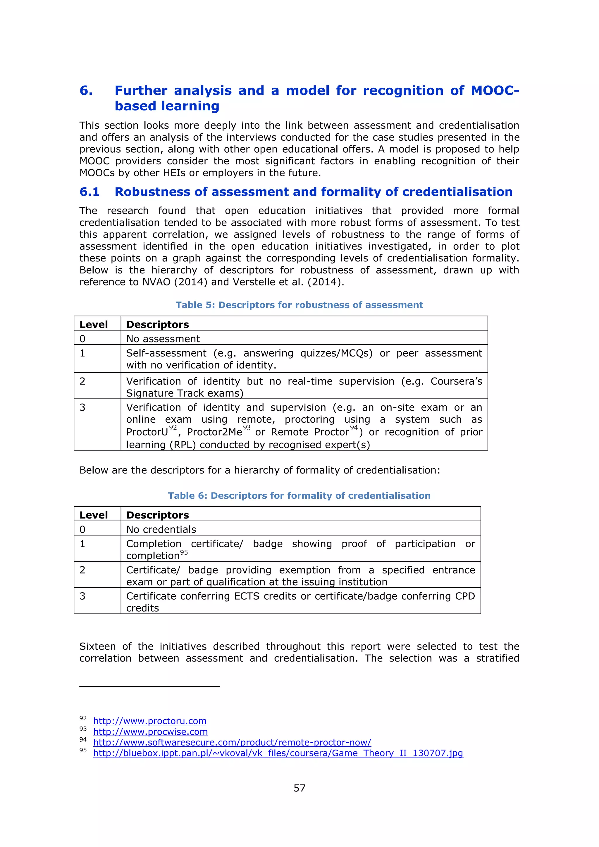 57
6. Further analysis and a model for recognition of MOOC-
based learning
This section looks more deeply into the link between assessment and credentialisation
and offers an analysis of the interviews conducted for the case studies presented in the
previous section, along with other open educational offers. A model is proposed to help
MOOC providers consider the most significant factors in enabling recognition of their
MOOCs by other HEIs or employers in the future.
6.1 Robustness of assessment and formality of credentialisation
The research found that open education initiatives that provided more formal
credentialisation tended to be associated with more robust forms of assessment. To test
this apparent correlation, we assigned levels of robustness to the range of forms of
assessment identified in the open education initiatives investigated, in order to plot
these points on a graph against the corresponding levels of credentialisation formality.
Below is the hierarchy of descriptors for robustness of assessment, drawn up with
reference to NVAO (2014) and Verstelle et al. (2014).
Table 5: Descriptors for robustness of assessment
Level Descriptors
0 No assessment
1 Self-assessment (e.g. answering quizzes/MCQs) or peer assessment
with no verification of identity.
2 Verification of identity but no real-time supervision (e.g. Coursera’s
Signature Track exams)
3 Verification of identity and supervision (e.g. an on-site exam or an
online exam using remote, proctoring using a system such as
ProctorU
92
, Proctor2Me
93
or Remote Proctor
94
) or recognition of prior
learning (RPL) conducted by recognised expert(s)
Below are the descriptors for a hierarchy of formality of credentialisation:
Table 6: Descriptors for formality of credentialisation
Level Descriptors
0 No credentials
1 Completion certificate/ badge showing proof of participation or
completion95
2 Certificate/ badge providing exemption from a specified entrance
exam or part of qualification at the issuing institution
3 Certificate conferring ECTS credits or certificate/badge conferring CPD
credits
Sixteen of the initiatives described throughout this report were selected to test the
correlation between assessment and credentialisation. The selection was a stratified
92
http://www.proctoru.com
93
http://www.procwise.com
94
http://www.softwaresecure.com/product/remote-proctor-now/
95
http://bluebox.ippt.pan.pl/~vkoval/vk_files/coursera/Game_Theory_II_130707.jpg
 