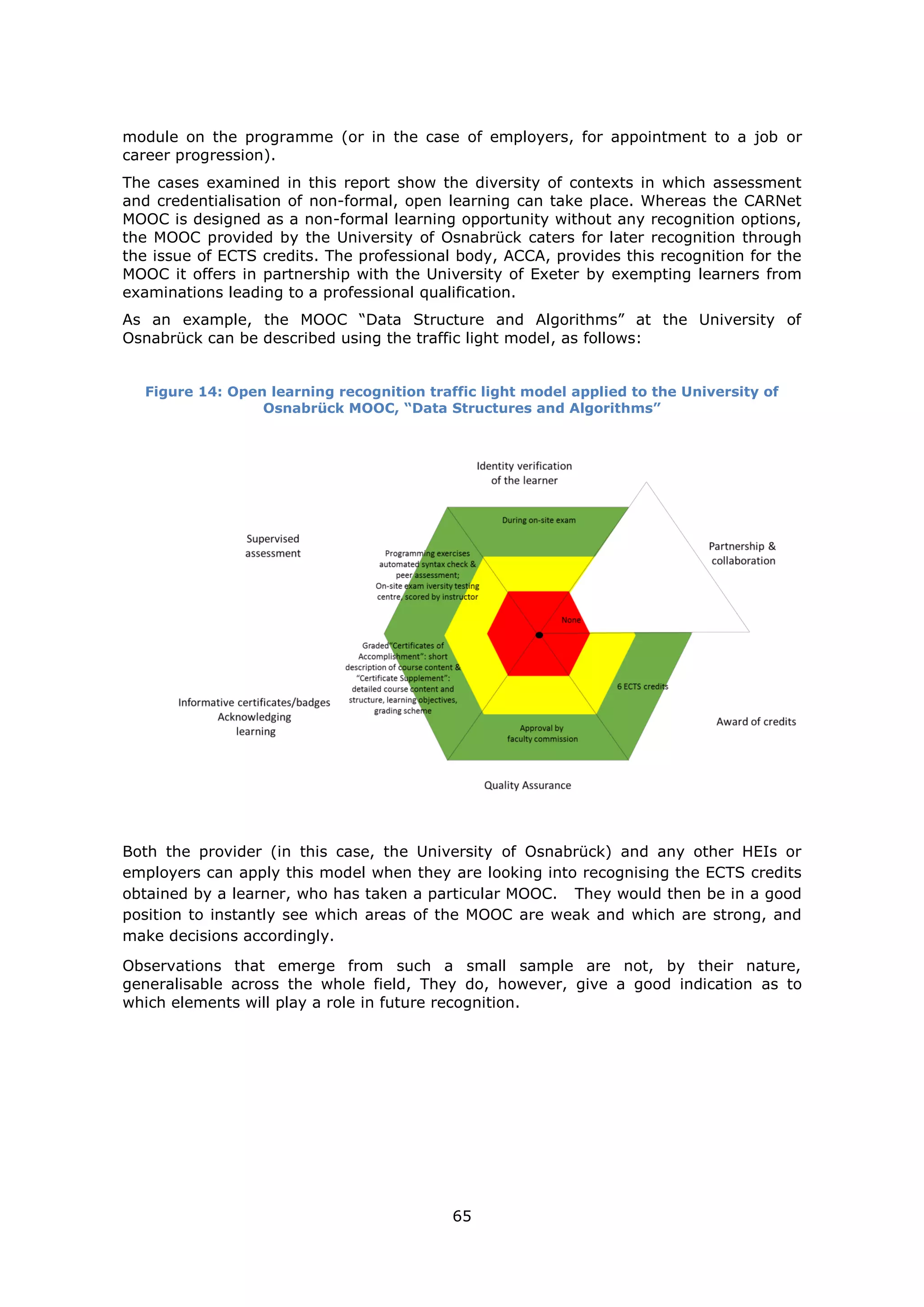 65
module on the programme (or in the case of employers, for appointment to a job or
career progression).
The cases examined in this report show the diversity of contexts in which assessment
and credentialisation of non-formal, open learning can take place. Whereas the CARNet
MOOC is designed as a non-formal learning opportunity without any recognition options,
the MOOC provided by the University of Osnabrück caters for later recognition through
the issue of ECTS credits. The professional body, ACCA, provides this recognition for the
MOOC it offers in partnership with the University of Exeter by exempting learners from
examinations leading to a professional qualification.
As an example, the MOOC “Data Structure and Algorithms” at the University of
Osnabrück can be described using the traffic light model, as follows:
Figure 14: Open learning recognition traffic light model applied to the University of
Osnabrück MOOC, “Data Structures and Algorithms”
Both the provider (in this case, the University of Osnabrück) and any other HEIs or
employers can apply this model when they are looking into recognising the ECTS credits
obtained by a learner, who has taken a particular MOOC. They would then be in a good
position to instantly see which areas of the MOOC are weak and which are strong, and
make decisions accordingly.
Observations that emerge from such a small sample are not, by their nature,
generalisable across the whole field, They do, however, give a good indication as to
which elements will play a role in future recognition.
 