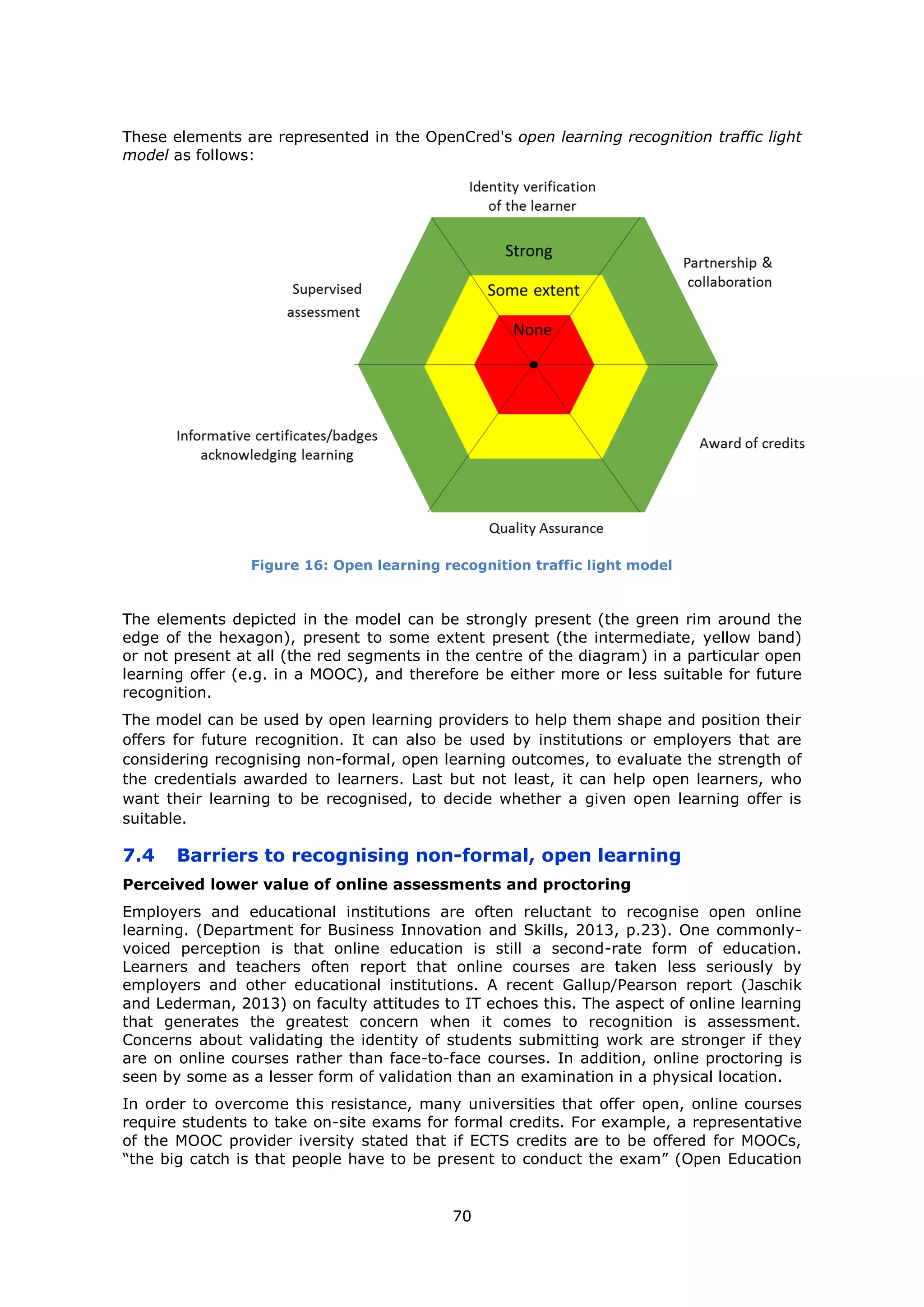 70
These elements are represented in the OpenCred's open learning recognition traffic light
model as follows:
Figure 16: Open learning recognition traffic light model
The elements depicted in the model can be strongly present (the green rim around the
edge of the hexagon), present to some extent present (the intermediate, yellow band)
or not present at all (the red segments in the centre of the diagram) in a particular open
learning offer (e.g. in a MOOC), and therefore be either more or less suitable for future
recognition.
The model can be used by open learning providers to help them shape and position their
offers for future recognition. It can also be used by institutions or employers that are
considering recognising non-formal, open learning outcomes, to evaluate the strength of
the credentials awarded to learners. Last but not least, it can help open learners, who
want their learning to be recognised, to decide whether a given open learning offer is
suitable.
7.4 Barriers to recognising non-formal, open learning
Perceived lower value of online assessments and proctoring
Employers and educational institutions are often reluctant to recognise open online
learning. (Department for Business Innovation and Skills, 2013, p.23). One commonly-
voiced perception is that online education is still a second-rate form of education.
Learners and teachers often report that online courses are taken less seriously by
employers and other educational institutions. A recent Gallup/Pearson report (Jaschik
and Lederman, 2013) on faculty attitudes to IT echoes this. The aspect of online learning
that generates the greatest concern when it comes to recognition is assessment.
Concerns about validating the identity of students submitting work are stronger if they
are on online courses rather than face-to-face courses. In addition, online proctoring is
seen by some as a lesser form of validation than an examination in a physical location.
In order to overcome this resistance, many universities that offer open, online courses
require students to take on-site exams for formal credits. For example, a representative
of the MOOC provider iversity stated that if ECTS credits are to be offered for MOOCs,
“the big catch is that people have to be present to conduct the exam” (Open Education
 