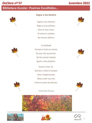 16
Segue o teu destino,
Rega as tuas plantas,
Ama as tuas rosas.
O resto é a sombra
De árvores alheias.
A realidade
Sempre é mais ou menos
Do que nós queremos.
Só nós somos sempre
Iguais a nós-próprios.
Suave é viver só.
Grande e nobre é sempre
Viver simplesmente.
Deixa a dor nas aras
Como ex-voto aos deuses.
Fernando Pessoa
Segue o teu destino
DeClara nº 57 Setembro 2022
Biblioteca Escolar: Poemas Escolhidos…
 