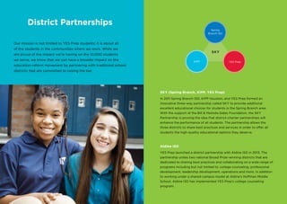 Our mission is not limited to YES Prep students; it is about all
of the students in the communities where we work. While we
are proud of the impact we’re having on the 10,000 students
we serve, we know that we can have a broader impact on the
education reform movement by partnering with traditional school
districts that are committed to raising the bar.
District Partnerships
SKY (Spring Branch, KIPP, YES Prep)
In 2011 Spring Branch ISD, KIPP Houston, and YES Prep formed an
innovative three-way partnership called SKY to provide additional
excellent educational choices for students in the Spring Branch area.
With the support of the Bill & Melinda Gates Foundation, the SKY
Partnership is proving the idea that district-charter partnerships will
enhance the performance of all students. The partnership allows the
three districts to share best practices and services in order to offer all
students the high-quality educational options they deserve.
Aldine ISD
YES Prep launched a district partnership with Aldine ISD in 2013. The
partnership unites two national Broad Prize–winning districts that are
dedicated to sharing best practices and collaborating on a wide range of
programs including but not limited to: college counseling, professional
development, leadership development, operations and more. In addition
to working under a shared-campus model at Aldine’s Hoffman Middle
School, Aldine ISD has implemented YES Prep’s college counseling
program.
YES PrepKIPP
SKY
Spring
Branch ISD
 