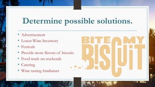 Determine possible solutions.
• Advertisement
• Lower Wine Inventory
• Festivals
• Provide more flavors of biscuits
• Food truck on weekends
• Catering
• Wine tasting fundraiser
 