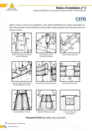 www.vedafrance.com10
Notice d’installation n° 2
Cordons VEDAFEU C ©
pour joints d’ouverture initiale > 120 et ≤ 200 mm
Positionner les équerres en quinconce
tous les 50 centimètres
Encoller les deux côtés du joint
Avant que la colle ne sèche, introduire
le cordon VEDAFEU C ©
en force
Raccordement de 2 longueurs (breveté) Raccord introduit dans le joint
Cordons VEDAFEU C ©
en place Classement EI 240 avec couvre joint Couvre joint collé, ou ﬁxé
avec vis cheville
Fixer les équerres à l’aide
d’un cloueur pneumatique
Classement EI 240 sans mastic, avec couvre joint
50cm
Dégarnir, si besoin, le corps du joint du polystyrène ou carton alvéolaire VEDAPLAQUE et en nettoyer et dépoussiérer les
parois. Aﬁn de permettre une bonne adhésion de la colle, procéder au dépoussiérage des chants des dalles à l’aide d’une
brosse ou d’un balai.
© Tous droits réservés - All rights reserved
 