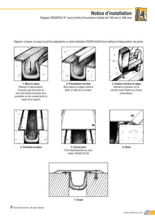 www.vedafrance.com 15
Notice d’installation
Nappes VEDAFEU N ©
pour joints d’ouverture initiale de 150 mm à 840 mm
1. Mise en place
Nettoyer et dépoussiérer.
S’assurer que les bords du
joint sont droits et propres pour
permettre un bon contact entre la
nappe et le support.
2. Présentation cornière
Bien plaquer la nappe contre le
béton à l’aide de la cornière.
3. Fixation cornière et nappe
Maintenir la pression sur la
cornière avant ﬁxation au cloueur
pneumatique.
4. Cornières en place 5. Couvre joint
Fixé mécaniquement ou avec
mastic VEDAFLEX SIL
6. Détail
7. Coupe
Dégarnir, si besoin, le corps du joint du polystyrène ou carton alvéolaire VEDAPLAQUE et en nettoyer et dépoussiérer les parois.
© Tous droits réservés - All rights reserved
 