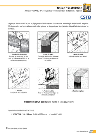 www.vedafrance.com 19
Notice d’installation
Matelas VEDAFEU M ©
pour joints d’ouverture initiale de 100 mm à 420 mm
1. Préparation du support
Encoller les deux côtés du joint
ainsi qu’une bande de 5 cm sur la
partie supérieure du béton.
3. Mise en place
Insérer le matelas dans le joint.
4. Fixation matelas
Fixer au cloueur pneumatique les
ailettes tous les 20 cm.
5. Matelas en place
Dégarnir, si besoin, le corps du joint du polystyrène ou carton alvéolaire VEDAPLAQUE et en nettoyer et dépoussiérer les parois.
Aﬁn de permettre une bonne adhésion de la colle, procéder au dépoussiérage des chants des dalles à l’aide d’une brosse ou
d’un balai.
© Tous droits réservés - All rights reserved
2. Mise en place
Encoller le dessous des ailettes et
environ 6 cm de la partie verticale
du matelas.
3. Raccord
Raccord de deux longueurs.
Classement EI 120 obtenu sans mastic et sans couvre joint
Consommation de colle VEDACOLLE.
• VEDAFEU M ©
100 - 300 mm. De 900 à 1 000 g pour 1 ml complet (2 côtés)
 