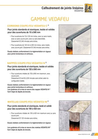 www.vedafrance.com 5
Calfeutrement de joints linéaires
VEDAFEU
• Pour ouvertures initiales de 100 à 420 mm maximum avec ou sans
couvre joint.
Classement EI 120 minutes sans échec.
Essais réalisés conformément à la réglementation en vigueur.
Les systèmes et la mise en œuvre des matelas VEDAFEU M ©
font l’objet de dépôts de brevets.
GAMME VEDAFEU
Pour joints standards et sismiques, testé et validé
pour des ouvertures de 100 à 420 mm
• Pour ouvertures initiales de 150 à 840 mm maximum, avec
couvre joint.
Classement EI de 60 à 240 minutes sans échec selon la
conﬁguration testée.
Essais réalisés conformément à la réglementation en vigueur
pour joints horizontaux et verticaux.
Les systèmes et la mise en œuvre des nappes VEDAFEU N ©
font l’objet de dépôts de brevets.
Pour joints standards et sismiques, testée et validée
pour des ouvertures de 150 à 840 mm
NAPPES COUPE-FEU VEDAFEU N ©
MATELAS COUPE-FEU VEDAFEU M ©
Pour joints standards et sismiques, testée et validée
pour des ouvertures de 10 à 840 mm
CORDONS COUPE-FEU VEDAFEU C ©
• Pour ouvertures de 10 à 120 mm inclus, avec ou sans mastic,
avec ou sans couvre joint, avec ou sans étanchéité.
Classement EI 240 minutes sans échec.
• Pour ouvertures de 120 mm à 200 mm inclus, sans mastic,
avec couvre joint. Classement EI 240 minutes sans échec.
Essais réalisés conformément à la réglementation en vigueur
pour joints horizontaux et verticaux.
 