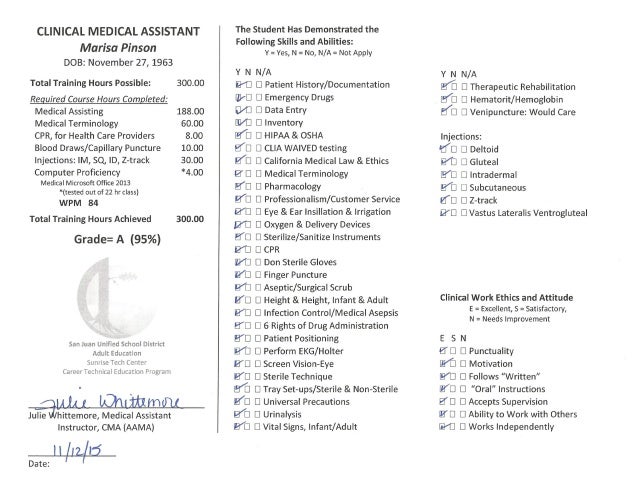 marisa a pinson clinical medical assistant certificate of completion medical assistant certificate