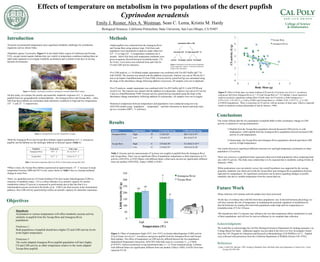 Extreme environmental temperatures pose significant metabolic challenges for ectothermic
organisms such as teleost fishes.
Pupfishes (genus Cyprinodon, Figure 1) in the Death Valley region of California and Nevada,
USA, occupy remote aquatic habitats that vary widely in temperature conditions making them an
ideal study organism to investigate metabolic acclimation and evolution in the face of varying
thermal environments.
In this study, we evaluate the aerobic and anaerobic metabolic responses of C. n. amargosae
pupfish from two geographically isolated habitats – the Amargosa River and Tecopa Bore – when
fish from these habitats are acclimated under laboratory conditions to high and low temperatures
(35°C and 23°C respectively).
•Both the Amargosa River and Tecopa Bore habitats support populations of C. n. amargosae
pupfish, but the habitats are the strikingly different in thermal regime (Table 1).
What is more, the Tecopa Bore habitat experienced an approximately 15°C increase in mean
temperature between 2008 and 2013 to the values shown in Table 1 due to a human-mediated
change in water flow.
Here, we quantified activity of Citrate Synthase (CS) and Lactate Dehydrogenase (LDH) as
measures of metabolic status. CS is a robust indicator of an animal's capacity for aerobic
metabolism (where CS activity is measured in μmol/ming) due to that fact that it is a
mitochondrial enzyme involved in the Krebs cycle. LDH is the final enzyme in the fermentation
pathway; thus LDH activity (μmol/ming) reflects an animal's capacity for anaerobic respiration.
Our results indicate that the two populations of pupfish differ in their acclimatory change in LDH
activity in response to varying temperatures:
1) Pupfish from the Tecopa Bore population showed decreased LDH activity in cold
temperatures, while pupfish from the Amargosa River population showed increased LDH
activity in cold temperatures.
2) Surprisingly, the Tecopa Bore and Amargosa River populations showed equivalent LDH
activity in high temperatures.
Our results showed no significant difference between low and high temperature acclimation in either
population’s CS activity.
There was, however, a significant linear regression observed in both populations when comparing body
size with CS activity. This body mass relationship is to be expected due to metabolic scaling (Clarke &
Johnston, 1999).
While predications were not entirely correct, the overall hypothesis was supported by the varying
anaerobic metabolic rate observed in both the Tecopa Bore and Amargosa River populations between
high and low temperatures. No significant conclusions can be drawn regarding changes in aerobic
metabolic rate due to variable temperature from the current data set.
Effects of temperature on metabolism in two populations of the desert pupfish
Cyprinodon nevadensis
Emily J. Resner, Alex A. Westman, Sean C. Lema, Kristin M. Hardy
Biological Sciences, California Polytechnic State University, San Luis Obispo, CA 93407
Introduction
Acknowledgments
Population Temp. mean Temp. range
Amargosa River 19.4°C 16.1 to 22.5°C
Tecopa Bore 36.7°C 33.8 to 41.5°C
Table 1. Recorded temperature data from 48 hrs of observations during May 2014.
Conclusions
Results
Figure 1. Pupfish, Cyprinodon nevadensis amargosae, from the Death Valley region.
Table 2. Enzyme activity measurements (U/g tissue wet weight) in pupfish from the Amargosa River
and Tecopa Bore. There was no significant effect of population, temperature or their interaction on CS
activity (ANCOVA, p>0.05) Means with different letters within each enzyme are significantly different
from one another (ANCOVA; Tukey’s HSD; α=0.05)
References
We would like to acknowledge the Cal Poly Biological Sciences Department for funding assistance via
College Based Fee funds. Additional support was provided in the form of a New Investigator Award
from the CSU Program for Education and Research in Biotechnology (CSUPERB) to S.C.L. Pupfish
were collected with permission from the California Department of Wildlife (Permit # SC-4793).
Clarke, A and N.M. Johnston. 1999. Scaling of Metabolic Rate with Body Mass and Temperature in Teleost Fish. J Anim
Ecology 68.5:893-905.
Future Work
•Data collection will continue until all samples have been processed.
•In the face of evidence that wild fish from these populations vary in thyroid hormone physiology, we
will also examine the role of temperature in modulating the potential regulation of metabolism by
thyroid hormones by treating fish from both populations under high and low temperatures to
triiodothyronine (T3) for 16 hours.
•We hypothesize that T3 exposure may influence the way that temperature affects metabolism in each
of these populations, and will test for such an influence as we complete data collection.
Figure 4. Effect of temperature (high=23oC; low=35oC) on lactate dehydrogenase (LDH) activity
(U/g of tissue wet wt) in C. nevadensis amargosae pupfish from the Amargosa River and Tecopa
Bore habitats. The effect of temperature on LDH activity differed between the two populations
(population*temperature interaction; ANCOVA with body mass as a covariate; F1,43=5.8656,
p=0.0197). Analysis performed on log transformed data; n = 12-18 per treatment group. Columns
with different letters are significantly different from one another (Tukey’s HSD, α=0.05) Error bars
represent S.E.M.
AB
AB
A
B
•For LDH analysis, a 1:10 diluted sample supernatant was combined with Tris-HCl buffer (pH 7.6)
with NADH. The reaction was started with the addition of pyruvate. Analysis was run at 340 nm for 5
min in an Implen NanoPhotometer P-Class P300. Enzyme activity (μmol/min*g) was calculated using
the slope of the absorbance change following addition of pyruvate. All samples were run in duplicate.
•For CS analysis, sample supernatant was combined with Tris-HCl buffer (pH 8.1) with DTNB and
Acetyl CoA. The reaction was started with the addition of oxaloacetate. Analysis was run at 412 nm for
5 min in a NanoPhotometer P300. Enzyme activity (μmol/min*g) calculated using the slope of the
absorbance change immediately following addition of oxaloacetate. All samples were run in singles.
•Statistical comparisons between temperatures and populations were conducted using two-way
ANCOVA models using ‘population’, ‘temperature’, and their interaction as factors and body mass
(g) as a covariate (JMP v. 11 software).
Methods
Figure 2. Amargosa River on left, Tecopa Bore on right.
Figure 5. Effect of body mass on citrate synthase (CS) activity (U/g tissue wet wt) in C. nevadensis
amargosae fish from Amargosa River (n = 27) and Tecopa Bore (n = 21) habitats. Linear regression
analysis revealed a significant scaling effect of body mass on CS activity in both Amargosa (y=-
0.47x+4.32, r2=0.128, F1,25=3.68, p<0.001) and Tecopa Bore (y=-0.886x+5.05; r2=0.37, F1,19=11.265,
p=0.0033) populations. There is a decrease in CS activity with an increase in body mass, which is expected
based on metabolic scaling relationships (Clark & Johnson, 1999).
Hypothesis:
Acclimation to various temperatures will effect metabolic enzyme activity
similarly in pupfish from the Tecopa Bore and Amargosa River
populations.
Prediction 1:
Both populations of pupfish should have higher CS and LDH activity levels
at the higher temperature.
Prediction 2:
The cooler adapted Amargosa River pupfish population will have higher
CS and LDH activity at either temperature relative to the warm adapted
Tecopa Bore pupfish.
Habitat Temperature n CS activity (U/g) LDH activity (U/g)
Amargosa River High 18 3.3±0.26a 200.17±12.9a,b
Low 11 3.43±0.23a 261.43±37.4b
Tecopa Bore High 11 3.93±0.29a 211.40±13.35a,b
Low 12 3.25±0.35a 148.52±16.38a
Objectives
•Adult pupfish were collected from the Amargosa River
and Tecopa Bore using minnow traps. Fish from each
population were maintained in captivity under either low
(23°C) or high (35°C) temperature conditions for 4
months. Select fish from each temperature treatment were
given exogenous thyroid hormone (triiodothyronine, T3)
for 16 hrs. Liver tissue was collected from each fish for
CS and LDH activity measures.
population (AR or TB)
control T3-treated
low temp (23°C) high temp (35°C)
control T3-treated
Figure 3. Illustration of the three factor (population
origin, temperature regime, T3 hormone treatment)
design of the experiment.
 