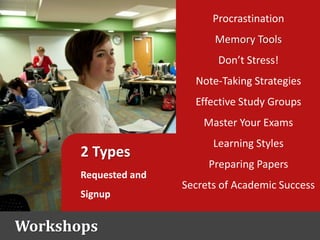 2 Types
Requested and
Signup
Procrastination
Memory Tools
Don’t Stress!
Note-Taking Strategies
Effective Study Groups
Master Your Exams
Learning Styles
Preparing Papers
Secrets of Academic Success
Workshops
 
