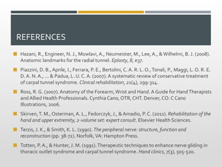 REFERENCES
 Hazani, R., Engineer, N. J., Mowlavi, A., Neumeister, M., Lee, A., &Wilhelmi, B. J. (2008).
Anatomic landmarks for the radial tunnel. Eplasty, 8, e37.
 Piazzini, D. B., Aprile, I., Ferrara, P. E., Bertolini, C. A. R. L. O.,Tonali, P., Maggi, L. O. R. E.
D. A. N. A., ... & Padua, L. U. C. A. (2007).A systematic review of conservative treatment
of carpal tunnel syndrome. Clinical rehabilitation, 21(4), 299-314.
 Ross, R.G. (2007).Anatomy of the Forearm,Wrist and Hand. A Guide for HandTherapists
and Allied Health Professionals. Cynthia Cano, OTR,CHT. Denver, CO: C Cano
Illustrations, 2006.
 Skirven,T. M., Osterman, A. L., Fedorczyk, J., & Amadio, P. C. (2011). Rehabilitation of the
hand and upper extremity, 2-volume set: expert consult. Elsevier Health Sciences.
 Terzis, J. K., & Smith, K. L. (1990). The peripheral nerve: structure, function and
reconstruction (pp. 38-72). Norfolk,VA: Hampton Press.
 Totten, P. A., & Hunter, J. M. (1991).Therapeutic techniques to enhance nerve gliding in
thoracic outlet syndrome and carpal tunnel syndrome. Hand clinics, 7(3), 505-520.
 