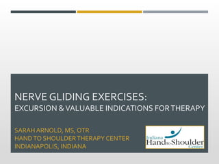 NERVE GLIDING EXERCISES:
EXCURSION &VALUABLE INDICATIONS FORTHERAPY
SARAH ARNOLD, MS, OTR
HANDTO SHOULDERTHERAPY CENTER
INDIANAPOLIS, INDIANA
 
