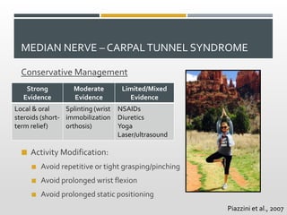 MEDIAN NERVE – CARPALTUNNEL SYNDROME
Conservative Management
 Activity Modification:
 Avoid repetitive or tight grasping...