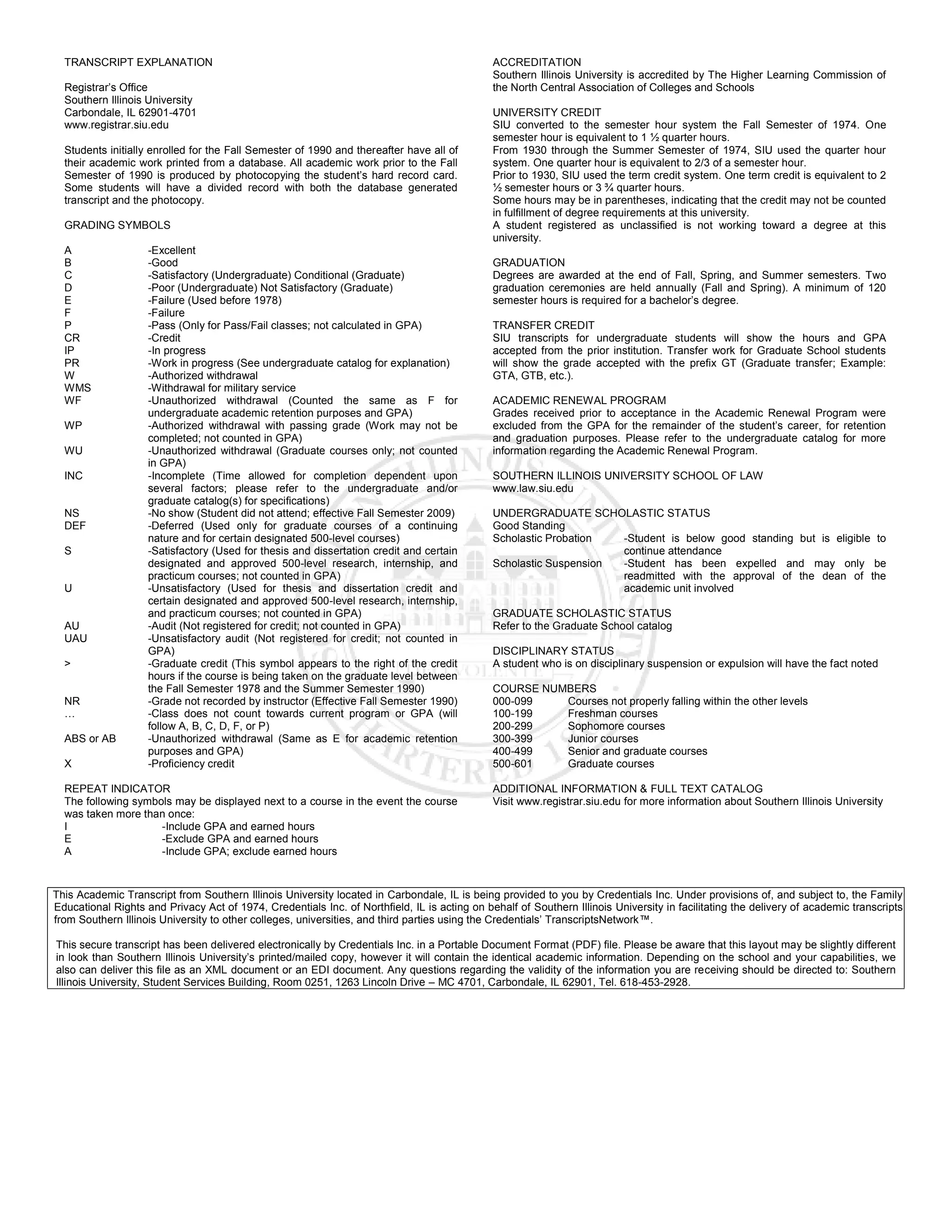 TRANSCRIPT EXPLANATION
Registrar’s Office
Southern Illinois University
Carbondale, IL 62901-4701
www.registrar.siu.edu
Students initially enrolled for the Fall Semester of 1990 and thereafter have all of
their academic work printed from a database. All academic work prior to the Fall
Semester of 1990 is produced by photocopying the student’s hard record card.
Some students will have a divided record with both the database generated
transcript and the photocopy.
GRADING SYMBOLS
A -Excellent
B -Good
C -Satisfactory (Undergraduate) Conditional (Graduate)
D -Poor (Undergraduate) Not Satisfactory (Graduate)
E -Failure (Used before 1978)
F -Failure
P -Pass (Only for Pass/Fail classes; not calculated in GPA)
CR -Credit
IP -In progress
PR -Work in progress (See undergraduate catalog for explanation)
W -Authorized withdrawal
WMS -Withdrawal for military service
WF -Unauthorized withdrawal (Counted the same as F for
undergraduate academic retention purposes and GPA)
WP -Authorized withdrawal with passing grade (Work may not be
completed; not counted in GPA)
WU -Unauthorized withdrawal (Graduate courses only; not counted
in GPA)
INC -Incomplete (Time allowed for completion dependent upon
several factors; please refer to the undergraduate and/or
graduate catalog(s) for specifications)
NS -No show (Student did not attend; effective Fall Semester 2009)
DEF -Deferred (Used only for graduate courses of a continuing
nature and for certain designated 500-level courses)
S -Satisfactory (Used for thesis and dissertation credit and certain
designated and approved 500-level research, internship, and
practicum courses; not counted in GPA)
U -Unsatisfactory (Used for thesis and dissertation credit and
certain designated and approved 500-level research, internship,
and practicum courses; not counted in GPA)
AU -Audit (Not registered for credit; not counted in GPA)
UAU -Unsatisfactory audit (Not registered for credit; not counted in
GPA)
> -Graduate credit (This symbol appears to the right of the credit
hours if the course is being taken on the graduate level between
the Fall Semester 1978 and the Summer Semester 1990)
NR -Grade not recorded by instructor (Effective Fall Semester 1990)
… -Class does not count towards current program or GPA (will
follow A, B, C, D, F, or P)
ABS or AB -Unauthorized withdrawal (Same as E for academic retention
purposes and GPA)
X -Proficiency credit
REPEAT INDICATOR
The following symbols may be displayed next to a course in the event the course
was taken more than once:
I -Include GPA and earned hours
E -Exclude GPA and earned hours
A -Include GPA; exclude earned hours
ACCREDITATION
Southern Illinois University is accredited by The Higher Learning Commission of
the North Central Association of Colleges and Schools
UNIVERSITY CREDIT
SIU converted to the semester hour system the Fall Semester of 1974. One
semester hour is equivalent to 1 ½ quarter hours.
From 1930 through the Summer Semester of 1974, SIU used the quarter hour
system. One quarter hour is equivalent to 2/3 of a semester hour.
Prior to 1930, SIU used the term credit system. One term credit is equivalent to 2
½ semester hours or 3 ¾ quarter hours.
Some hours may be in parentheses, indicating that the credit may not be counted
in fulfillment of degree requirements at this university.
A student registered as unclassified is not working toward a degree at this
university.
GRADUATION
Degrees are awarded at the end of Fall, Spring, and Summer semesters. Two
graduation ceremonies are held annually (Fall and Spring). A minimum of 120
semester hours is required for a bachelor’s degree.
TRANSFER CREDIT
SIU transcripts for undergraduate students will show the hours and GPA
accepted from the prior institution. Transfer work for Graduate School students
will show the grade accepted with the prefix GT (Graduate transfer; Example:
GTA, GTB, etc.).
ACADEMIC RENEWAL PROGRAM
Grades received prior to acceptance in the Academic Renewal Program were
excluded from the GPA for the remainder of the student’s career, for retention
and graduation purposes. Please refer to the undergraduate catalog for more
information regarding the Academic Renewal Program.
SOUTHERN ILLINOIS UNIVERSITY SCHOOL OF LAW
www.law.siu.edu
UNDERGRADUATE SCHOLASTIC STATUS
Good Standing
Scholastic Probation -Student is below good standing but is eligible to
continue attendance
Scholastic Suspension -Student has been expelled and may only be
readmitted with the approval of the dean of the
academic unit involved
GRADUATE SCHOLASTIC STATUS
Refer to the Graduate School catalog
DISCIPLINARY STATUS
A student who is on disciplinary suspension or expulsion will have the fact noted
COURSE NUMBERS
000-099 Courses not properly falling within the other levels
100-199 Freshman courses
200-299 Sophomore courses
300-399 Junior courses
400-499 Senior and graduate courses
500-601 Graduate courses
ADDITIONAL INFORMATION & FULL TEXT CATALOG
Visit www.registrar.siu.edu for more information about Southern Illinois University
This Academic Transcript from Southern Illinois University located in Carbondale, IL is being provided to you by Credentials Inc. Under provisions of, and subject to, the Family
Educational Rights and Privacy Act of 1974, Credentials Inc. of Northfield, IL is acting on behalf of Southern Illinois University in facilitating the delivery of academic transcripts
from Southern Illinois University to other colleges, universities, and third parties using the Credentials’ TranscriptsNetwork™.
This secure transcript has been delivered electronically by Credentials Inc. in a Portable Document Format (PDF) file. Please be aware that this layout may be slightly different
in look than Southern Illinois University’s printed/mailed copy, however it will contain the identical academic information. Depending on the school and your capabilities, we
also can deliver this file as an XML document or an EDI document. Any questions regarding the validity of the information you are receiving should be directed to: Southern
Illinois University, Student Services Building, Room 0251, 1263 Lincoln Drive – MC 4701, Carbondale, IL 62901, Tel. 618-453-2928.
 