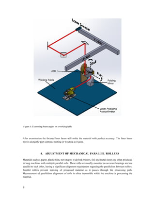  
8	
  
	
  
	
  
	
  
Figure 5:	
  Examining beam angles on a working table
	
  
After examination the focused laser beam will strike the material with perfect accuracy. The laser beam
moves along the part contour, melting or welding as it goes.
	
  
4. ADJUSTMENT OF MECHANICAL PARALLEL ROLLERS
Materials such as paper, plastic film, newspaper, wide bed printers, foil and metal sheets are often produced
in long machines with multiple parallel rolls. These rolls are usually mounted on accurate bearings and are
parallel to each other, having a significant alignment requirement regarding the parallelism between rollers.
Parallel rollers prevent skewing of processed material as it passes through the processing path.
Measurement of parallelism alignment of rolls is often impossible while the machine is processing the
material.
 