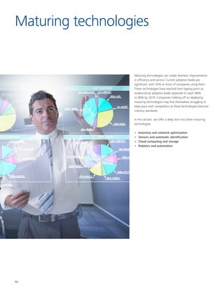 12
Maturing technologies can create dramatic improvements
in efficiency and service. Current adoption levels are
significant, with 35% or more of companies using them.
These technologies have reached their tipping point as
evidenced by adoption levels expected to reach 80%
to 90% by 2019. Companies holding off on deploying
maturing technologies may find themselves struggling to
keep pace with competitors as these technologies become
industry standards.
In this section, we offer a deep dive into these maturing
technologies:
•	 Inventory and network optimization
•	 Sensors and automatic identification
•	 Cloud computing and storage
•	 Robotics and automation
Maturing technologies
 