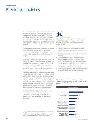 26
Predictive analytics is the application of advanced statistical
analysis of structured and unstructured data sources to
identify patterns and predict future events or outcomes.
For example, predictive analytics can provide companies
with a look into the future and give them opportunities to
identify emerging patterns in the marketplace that can lead
to highly effective and personalized customer engagement
strategies.
Companies are no longer limited to looking in the rearview
mirror to see what happened after the fact. Instead,
they can take their data, and in some cases pair it with
third-party data, to do predictive modeling and scenario
analysis.
For decades, companies have been employing a basic form
of predictive analytics through forecasting techniques that
use sales history as the primary indicator of future market
demand. However, with the proliferation of data, the
sources and volume of both leading and lagging indicators
allow for much richer analysis and broader applications.
The market for advanced and predictive analytics software
is projected to grow from $2.2B in 2013 to $3.4B in 2018
(a 9.9% CAGR).1
Global spending on hardware, software
and services for big data is expected to grow at a CAGR of
30% through 2018, reaching a total market size of $114
billion.2
In 2013, the market experienced a noticeable shift
toward cloud-based solutions. In addition, the distinction
between business analytics and big data is increasingly
blurring now that the hype over big data is subsiding.
Predictive analytics lets supply chain managers manage
inventory better, plan more reliable transportation
networks and reduce variability in lead times. This can
enhance service levels, lower costs and improve the
bottom line.
1  IDC: Worldwide Business Analytics Software 2014–2018 Forecast,
July 2014
2  ABI Research: Big Data Spending to Reach $114 Billion in 2018;
Look for Machine Learning to Drive Analytics, September 2013
Applications
Figure 11 shows the top supply chain uses for predictive
analytics today, and over the next one to two years.
However, other valuable applications for predictive
analytics include:
•	 Evaluating machine use, performance, and failure
rates to predict potential breakdowns for preventive
maintenance
•	 Predicting product failure rates for returns or warranty
planning
•	 Using external data—such as population growth,
demographics, and economic growth—to design a
supply chain footprint that aligns with future demand
•	 Leveraging external supplier data for risk modelling
to identify, measure and understand potential
vulnerabilities to production or service levels.
•	 Monitoring retail point of sale to adjust production and
replenishment plans base on consumer activity
Figure 11: How are companies using predictive
analytics today (or planning to use it over the next 1-2
years)?
15%
16%
16%
16%
17%
23%
24%
38%
0% 10% 20% 30% 40%
Using external data (e.g.,
population growth,
demographics, economic…
Predicting product failure rates
for returns or warranty planning
Predicting machine breakdowns
for preventive maintenance
Using external supplier data
(e.g., supplier locations, credit
ratings) to assess supply risk
Using external leading indicators
(e.g., commodity prices)
Using big data (e.g., customer
behavior, social media, etc.)
Using external customer data
(e.g., Point-of-Sale)
Using internal data
Predictive analytics
Growth technologies
Predictive analytics
Source: survey results
 