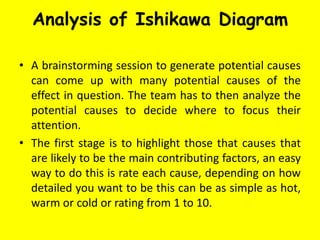 Analysis of Ishikawa Diagram
• A brainstorming session to generate potential causes
can come up with many potential causes of the
effect in question. The team has to then analyze the
potential causes to decide where to focus their
attention.
• The first stage is to highlight those that causes that
are likely to be the main contributing factors, an easy
way to do this is rate each cause, depending on how
detailed you want to be this can be as simple as hot,
warm or cold or rating from 1 to 10.
 