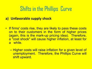 Shifts in the Phillips Curve
a) Unfavorable supply shock
• If firms' costs rise, they are likely to pass these costs
on to their customers in the form of higher prices
(again, this is the mark-up pricing idea). Therefore,
a "cost shock" will cause higher inflation, at least for
a while.
– Higher costs will raise inflation for a given level of
unemployment. Therefore, the Phillips Curve will
shift upward.
 
