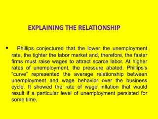  Phillips conjectured that the lower the unemployment
rate, the tighter the labor market and, therefore, the faster
firms must raise wages to attract scarce labor. At higher
rates of unemployment, the pressure abated. Phillips’s
―curve‖ represented the average relationship between
unemployment and wage behavior over the business
cycle. It showed the rate of wage inflation that would
result if a particular level of unemployment persisted for
some time.
 