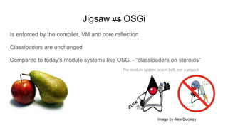 Is enforced by the compiler, VM and core reflection
Classloaders are unchanged
Compared to today's module systems like OSGi - “classloaders on steroids”
Image by Alex Buckley
Jigsaw vs OSGi
 