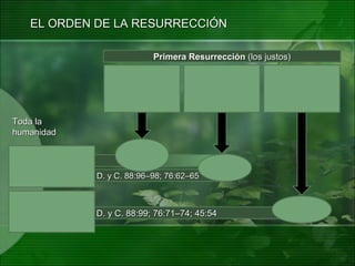 D. y C. 88:99; 76:71–74; 45:54D. y C. 88:99; 76:71–74; 45:54
D. y C. 88:96–98; 76:62–65D. y C. 88:96–98; 76:62–65
EL ORDEN DE LA RESURRECCIÓNEL ORDEN DE LA RESURRECCIÓN
Primera ResurrecciónPrimera Resurrección (los justos)(los justos)
La PrimeraLa Primera
Resurrección seResurrección se
inició con lainició con la
resurrección deresurrección de
Jesucristo.Jesucristo.
Comienza la tardeComienza la tarde
de la Primerade la Primera
Resurrección.Resurrección.
Quienes posean unQuienes posean un
espíritu celestial yespíritu celestial y
obedezcan la ley deobedezcan la ley de
CristoCristo
Las personas buenasLas personas buenas
que no obedezcan laque no obedezcan la
Ley de CristoLey de Cristo
Toda laToda la
humanidadhumanidad
 
