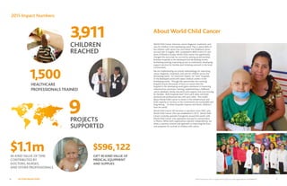 World Child Cancer USA is a registered 501(c)(3) non-profit organization Tax ID 46:0886328 7No Child Should Suffer6
World Child Cancer improves cancer diagnosis, treatment, and
care for children in the developing world. That is where 80% of
the children with cancer live, and where the childhood cancer
survival rate is roughly 10%, compared to 80% in the U.S. and
parts of Western Europe.World Child Cancer has significantly
changed the outcomes for survival by setting up partnerships
between hospitals in the developed and developing worlds,
facilitating training, improving access to medication, developing
support services for families and initiating outreach in the local
communities.
We are implementing our proven methodology for improving
cancer diagnosis, treatment, and care for children across the
developing world. For maximum impact, we “twin” hospitals
in the developed world with select medical centers in the
developing world. Through this partnership, the twinning
hospital invests thousands of hours to assure that the
hospital in the developing world gains assistance in improving
infrastructure, processes, training, implementing a childhood
cancer database, family education and support, and even housing
for families. Both hospitals learn from each other and build
personal and professional ties with each other. This model
allows World Child Cancer to invest in the infrastructure and
build capacity in country, so the investments are sustainable and
long lasting. As these hospitals improve and thrive, children’s
lives are saved.
World Child Cancer UK has been in operation since 2007, and
World Child Cancer USA was established in 2012. World Child
Cancer currently operates 9 programs around the world, with
World Child Cancer USA operations focused on communities
in Mexico.While both organizations operate independently, we
share a common mission and approach to improving the lives
and prospects for survival of children with cancer.
2015 Impact Numbers:
$1.1m $596,122
PROJECTS
SUPPORTED
IN-KIND VALUE OF TIME
CONTRIBUTED BY
DOCTORS, NURSES,
AND OTHER PROFESSIONALS
GIFT IN KIND VALUE OF
MEDICAL EQUIPMENT
AND SUPPLIES
9
1,500
HEALTHCARE
PROFESSIONALS TRAINED
CHILDREN
REACHED
3,911 About World Child Cancer
 