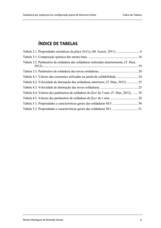 Soldadura por explosivo em configuração plana de Alumínio-Cobre Índice de Tabelas
Nelson Rodrigues de Almeida Santos ix
ÍNDICE DE TABELAS
Tabela 2.1. Propriedades mecânicas da placa Al-Cu, (M. Acarer, 2011). ............................ 6
Tabela 3.1. Composição química dos metais base. ............................................................. 16
Tabela 3.2. Parâmetros de soldadura das soldaduras realizadas anteriormente, (T. Dias,
2012)...................................................................................................................... 19
Tabela 3.3. Parâmetros de soldadura das novas soldaduras. ............................................... 20
Tabela 4.1. Valores das constantes utilizadas na janela de soldabilidade. .......................... 24
Tabela 4.2. Velocidade de detonação das soldaduras anteriores, (T. Dias, 2012). ............. 25
Tabela 4.3. Velocidade de detonação das novas soldaduras. .............................................. 25
Tabela 4.4. Valores dos parâmetros de soldadura do flyer de 3 mm, (T. Dias, 2012). ....... 28
Tabela 4.5. Valores dos parâmetros de soldadura do flyer de 1 mm................................... 28
Tabela 5.1. Propriedades e características gerais das soldaduras SE3. ............................... 50
Tabela 5.2. Propriedades e características gerais das soldaduras SE1. ............................... 51
 