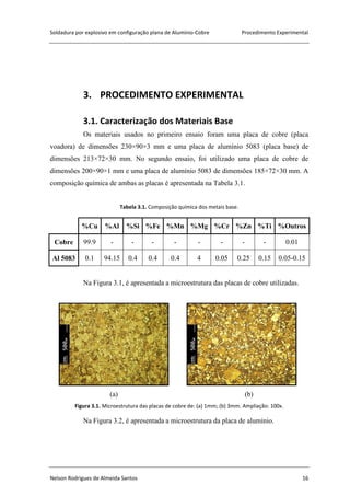 Soldadura por explosivo em configuração plana de Alumínio-Cobre Procedimento Experimental
Nelson Rodrigues de Almeida Santos 16
3. PROCEDIMENTO EXPERIMENTAL
3.1. Caracterização dos Materiais Base
Os materiais usados no primeiro ensaio foram uma placa de cobre (placa
voadora) de dimensões 230×90×3 mm e uma placa de alumínio 5083 (placa base) de
dimensões 213×72×30 mm. No segundo ensaio, foi utilizado uma placa de cobre de
dimensões 200×90×1 mm e uma placa de alumínio 5083 de dimensões 185×72×30 mm. A
composição química de ambas as placas é apresentada na Tabela 3.1.
Tabela 3.1. Composição química dos metais base.
%Cu %Al %Si %Fe %Mn %Mg %Cr %Zn %Ti %Outros
Cobre 99.9 - - - - - - - - 0.01
Al 5083 0.1 94.15 0.4 0.4 0.4 4 0.05 0.25 0.15 0.05-0.15
Na Figura 3.1, é apresentada a microestrutura das placas de cobre utilizadas.
(a) (b)
Figura 3.1. Microestrutura das placas de cobre de: (a) 1mm; (b) 3mm. Ampliação: 100x.
Na Figura 3.2, é apresentada a microestrutura da placa de alumínio.
 