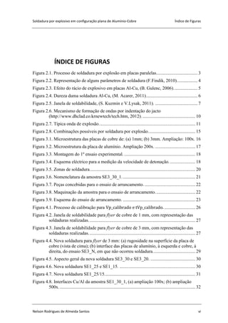 Soldadura por explosivo em configuração plana de Alumínio-Cobre Índice de Figuras
Nelson Rodrigues de Almeida Santos vi
ÍNDICE DE FIGURAS
Figura 2.1. Processo de soldadura por explosão em placas paralelas.................................... 3
Figura 2.2. Representação de alguns parâmetros de soldadura (F.Findik, 2010).................. 4
Figura 2.3. Efeito do rácio de explosivo em placas Al-Cu, (B. Gulenc, 2006)..................... 5
Figura 2.4. Dureza duma soldadura Al-Cu, (M. Acarer, 2011)............................................. 6
Figura 2.5. Janela de soldabilidade, (S. Kuzmin e V.Lysak, 2011). ..................................... 7
Figura 2.6. Mecanismo de formação de ondas por indentação do jacto
(http://www.dhclad.co.krnewtech/tech.htm, 2012)............................................... 10
Figura 2.7. Típica onda de explosão.................................................................................... 11
Figura 2.8. Combinações possíveis por soldadura por explosão......................................... 15
Figura 3.1. Microestrutura das placas de cobre de: (a) 1mm; (b) 3mm. Ampliação: 100x. 16
Figura 3.2. Microestrutura da placa de alumínio. Ampliação 200x. ................................... 17
Figura 3.3. Montagem do 1º ensaio experimental............................................................... 18
Figura 3.4. Esquema eléctrico para a medição da velocidade de detonação....................... 18
Figura 3.5. Zonas de soldadura............................................................................................ 20
Figura 3.6. Nomenclatura da amostra SE3_30_1................................................................ 21
Figura 3.7. Peças concebidas para o ensaio de arrancamento. ............................................ 22
Figura 3.8. Maquinação da amostra para o ensaio de arrancamento................................... 22
Figura 3.9. Esquema do ensaio de arrancamento. ............................................................... 23
Figura 4.1. Processo de calibração para ........................... 26
Figura 4.2. Janela de soldabilidade para flyer de cobre de 1 mm, com representação das
soldaduras realizadas............................................................................................. 27
Figura 4.3. Janela de soldabilidade para flyer de cobre de 3 mm, com representação das
soldaduras realizadas............................................................................................. 27
Figura 4.4. Nova soldadura para flyer de 3 mm: (a) rugosidade na superfície da placa de
cobre (vista de cima); (b) interface das placas de alumínio, à esquerda e cobre, à
direita, do ensaio SE3_N, em que não ocorreu soldadura..................................... 29
Figura 4.5. Aspecto geral da nova soldadura SE3_30 e SE3_20. ....................................... 30
Figura 4.6. Nova soldadura SE1_25 e SE1_15. .................................................................. 30
Figura 4.7. Nova soldadura SE1_25/15............................................................................... 31
Figura 4.8. Interfaces Cu/Al da amostra SE1_30_1, (a) ampliação 100x; (b) ampliação
500x....................................................................................................................... 32
 