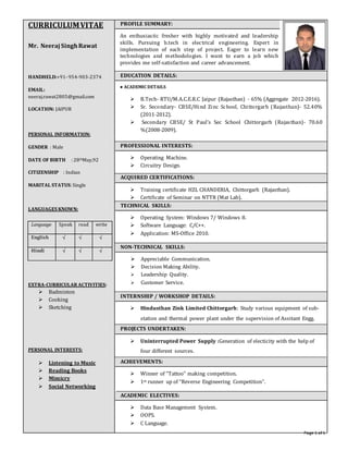 Page 1 of 1
CURRICULUMVITAE
Mr. Neeraj SinghRawat
HANDHELD:+91- 954-903-2374
EMAIL:
neeraj.rawat2805@gmail.com
LOCATION: JAIPUR
PERSONAL INFORMATION:
GENDER : Male
DATE OF BIRTH : 28thMay,92
CITIZENSHIP : Indian
MARITAL STATUS: Single
LANGUAGES KNOWN:
Language Speak read write
English   
Hindi   
EXTRA-CURRICULAR ACTIVITIES:
 Badminton
 Cooking
 Sketching
PERSONAL INTERESTS:
 Listening to Music
 Reading Books
 Mimicry
 Social Networking
PROFILE SUMMARY:
An enthusiastic fresher with highly motivated and leadership
skills. Pursuing b.tech in electrical engineering. Expert in
implementation of each step of project. Eager to learn new
technologies and methodologies. I want to earn a job which
provides me self-satisfaction and career advancement.
EDUCATION DETAILS:
● ACADEMIC DETAILS
 B.Tech- RTU/M.A.C.E.R.C Jaipur (Rajasthan) - 65% (Aggregate 2012-2016).
 Sr. Secondary- CBSE/Hind Zinc School, Chittorgarh (Rajasthan)- 52.40%
(2011-2012).
 Secondary CBSE/ St Paul’s Sec School Chittorgarh (Rajasthan)- 70.60
%(2008-2009).
PROFESSIONAL INTERESTS:
 Operating Machine.
 Circuitry Design.
ACQUIRED CERTIFICATIONS:
 Training certificate HZL CHANDERIA, Chittorgarh (Rajasthan).
 Certificate of Seminar on NTTR (Mat Lab).
TECHNICAL SKILLS:
 Operating System: Windows 7/ Windows 8.
 Software Language: C/C++.
 Application: MS-Office 2010.
NON-TECHNICAL SKILLS:
 Appreciable Communication.
 Decision Making Ability.
 Leadership Quality.
 Customer Service.
INTERNSHIP / WORKSHOP DETAILS:
 Hindusthan Zink Limited Chittorgarh: Study various equipment of sub-
station and thermal power plant under the supervision of Assitant Engg.
PROJECTS UNDERTAKEN:
 Uninterrupted Power Supply :Generation of electicity with the help of
four different sources.
ACHIEVEMENTS:
 Winner of “Tattoo” making competition.
 1st runner up of “Reverse Engineering Competition”.
ACADEMIC ELECTIVES:
 Data Base Management System.
 OOPS.
 C Language.
 